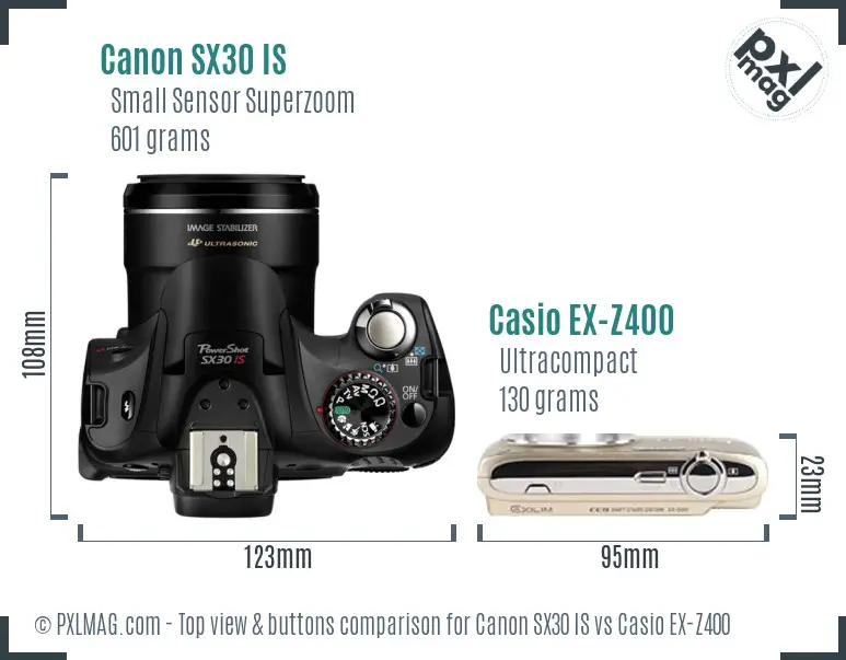 Canon SX30 IS vs Casio EX-Z400 top view buttons comparison