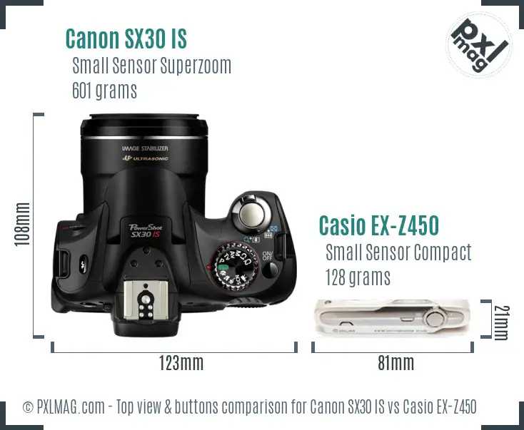 Canon SX30 IS vs Casio EX-Z450 top view buttons comparison Canon SX30 IS vs Casio EX-Z450 top view buttons comparison