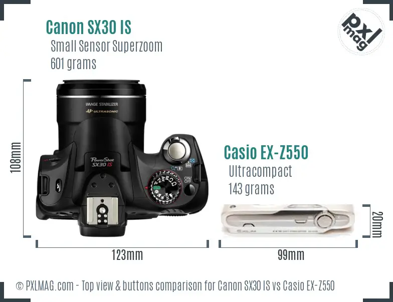 Canon SX30 IS vs Casio EX-Z550 top view buttons comparison