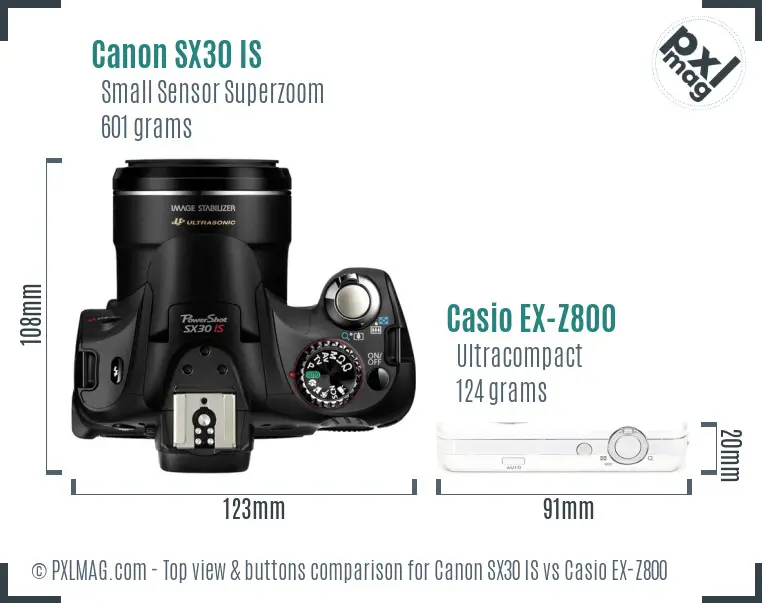 Canon SX30 IS vs Casio EX-Z800 top view buttons comparison