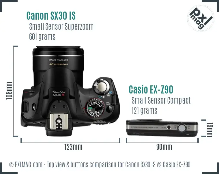 Canon SX30 IS vs Casio EX-Z90 top view buttons comparison Canon SX30 IS vs Casio EX-Z90 top view buttons comparison