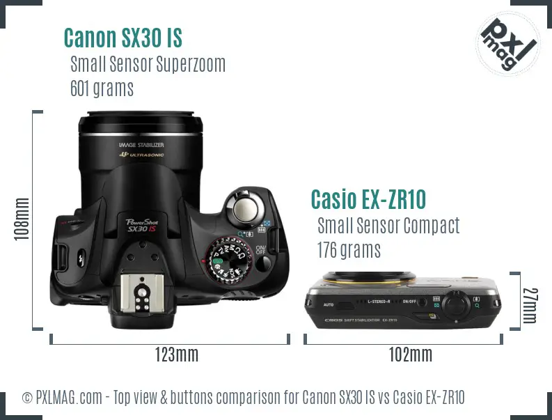 Canon SX30 IS vs Casio EX-ZR10 top view buttons comparison
