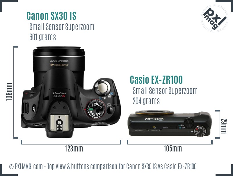 Canon SX30 IS vs Casio EX-ZR100 top view buttons comparison