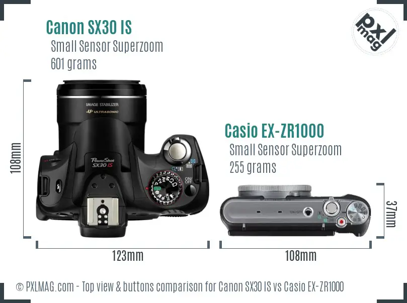 Canon SX30 IS vs Casio EX-ZR1000 top view buttons comparison