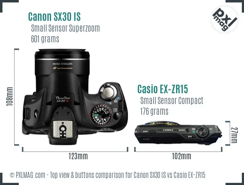 Canon SX30 IS vs Casio EX-ZR15 top view buttons comparison Canon SX30 IS vs Casio EX-ZR15 top view buttons comparison