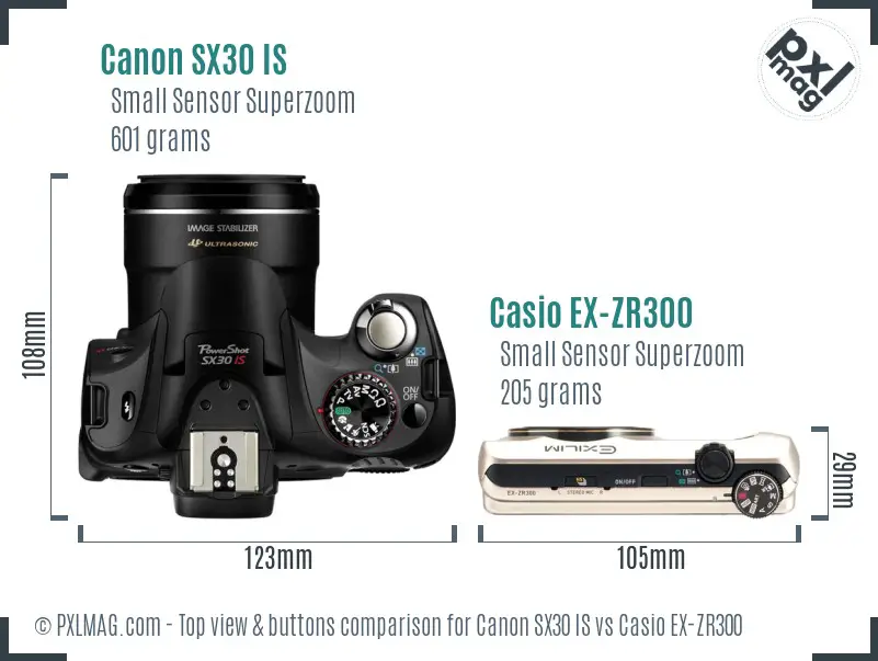 Canon SX30 IS vs Casio EX-ZR300 top view buttons comparison