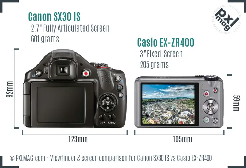 Canon SX30 IS vs Casio EX-ZR400 Screen and Viewfinder comparison