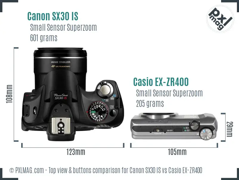 Canon SX30 IS vs Casio EX-ZR400 top view buttons comparison