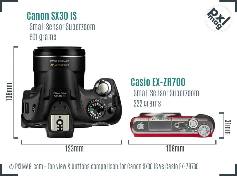 Canon SX30 IS vs Casio EX-ZR700 top view buttons comparison Canon SX30 IS vs Casio EX-ZR700 top view buttons comparison