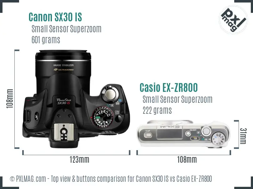 Canon SX30 IS vs Casio EX-ZR800 top view buttons comparison