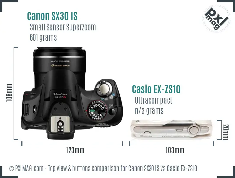 Canon SX30 IS vs Casio EX-ZS10 top view buttons comparison Canon SX30 IS vs Casio EX-ZS10 top view buttons comparison