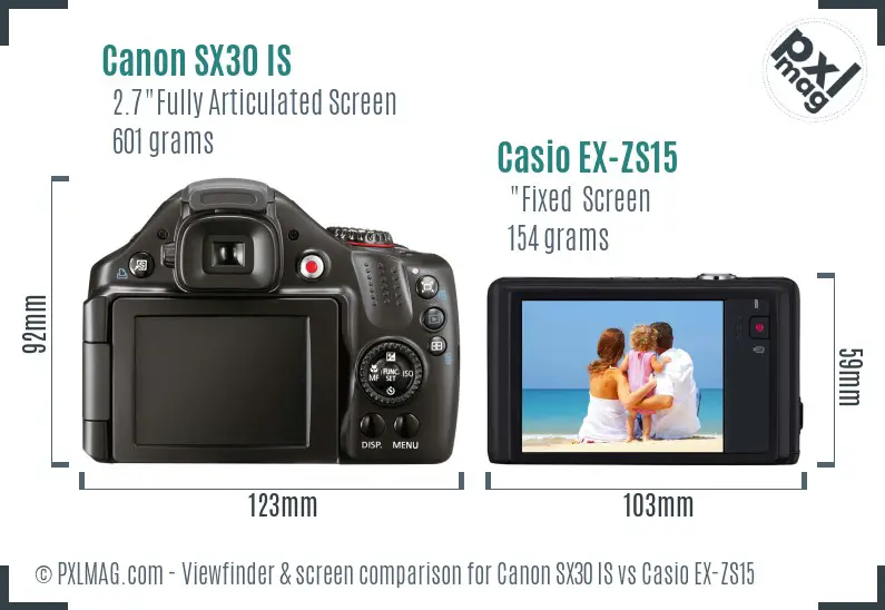 Canon SX30 IS vs Casio EX-ZS15 Screen and Viewfinder comparison