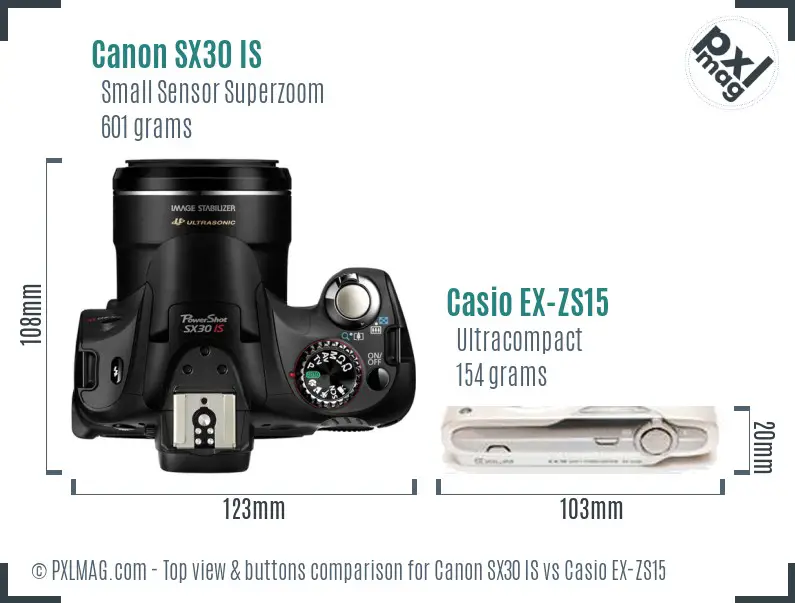 Canon SX30 IS vs Casio EX-ZS15 top view buttons comparison