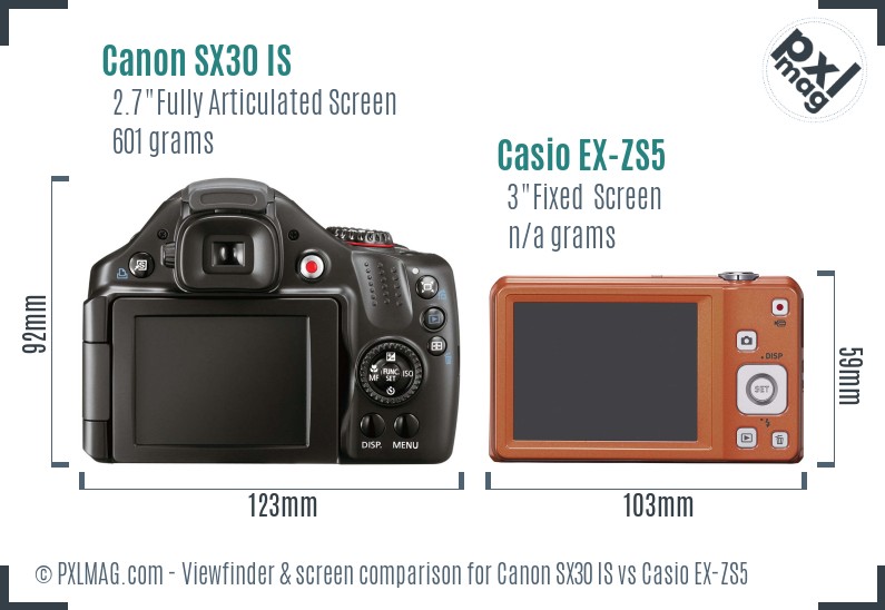 Canon SX30 IS vs Casio EX-ZS5 Screen and Viewfinder comparison