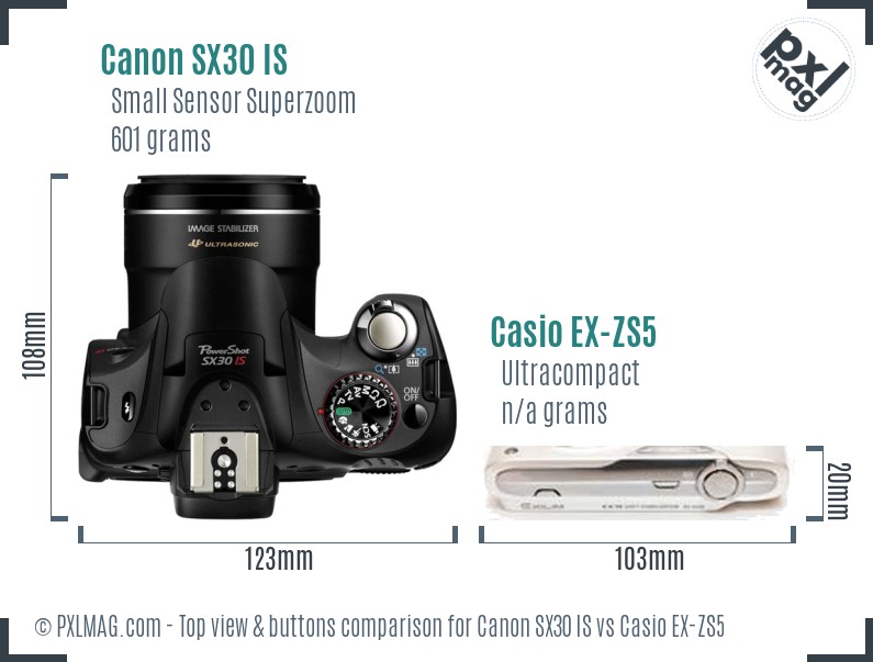 Canon SX30 IS vs Casio EX-ZS5 top view buttons comparison