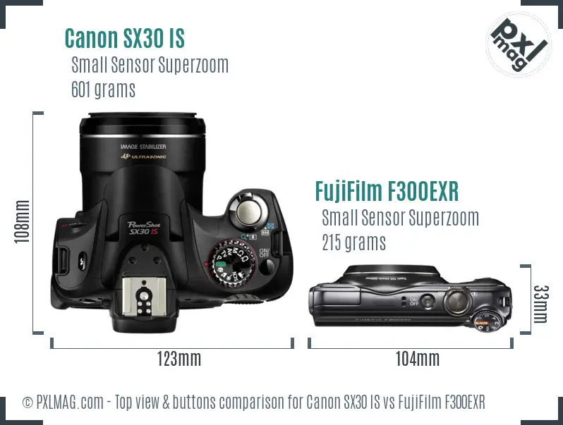 Canon SX30 IS vs FujiFilm F300EXR top view buttons comparison