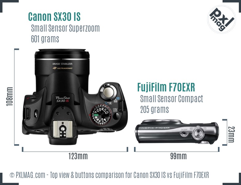 Canon SX30 IS vs FujiFilm F70EXR top view buttons comparison