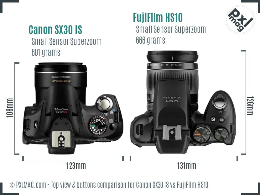 Canon SX30 IS vs FujiFilm HS10 top view buttons comparison