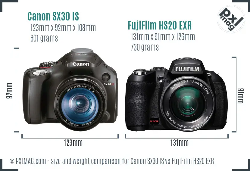 Canon SX30 IS vs FujiFilm HS20 EXR size comparison Canon SX30 IS vs FujiFilm HS20 EXR size comparison