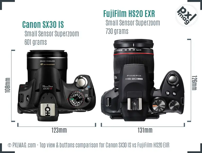 Canon SX30 IS vs FujiFilm HS20 EXR top view buttons comparison Canon SX30 IS vs FujiFilm HS20 EXR top view buttons comparison