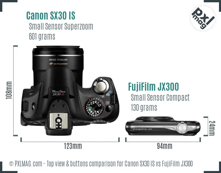 Canon SX30 IS vs FujiFilm JX300 top view buttons comparison