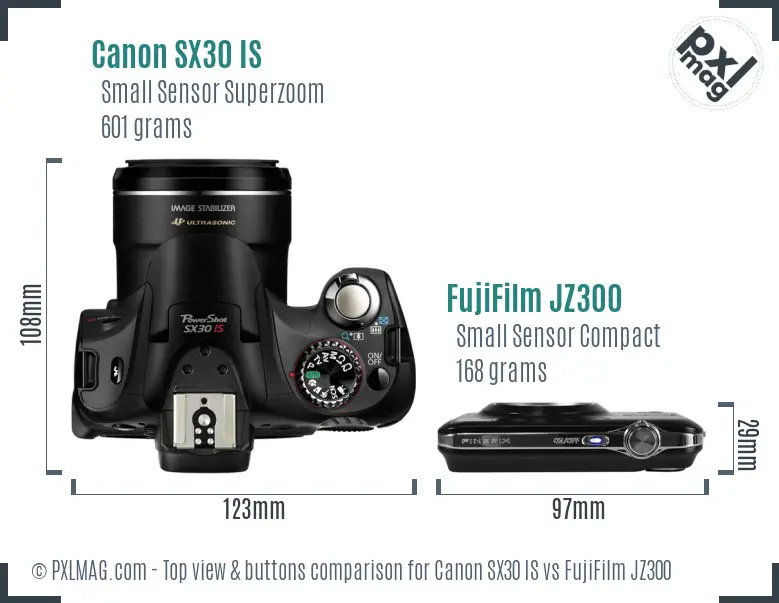 Canon SX30 IS vs FujiFilm JZ300 top view buttons comparison