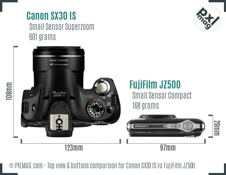 Canon SX30 IS vs FujiFilm JZ500 top view buttons comparison