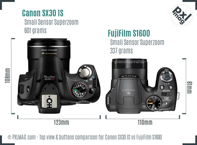 Canon SX30 IS vs FujiFilm S1600 top view buttons comparison