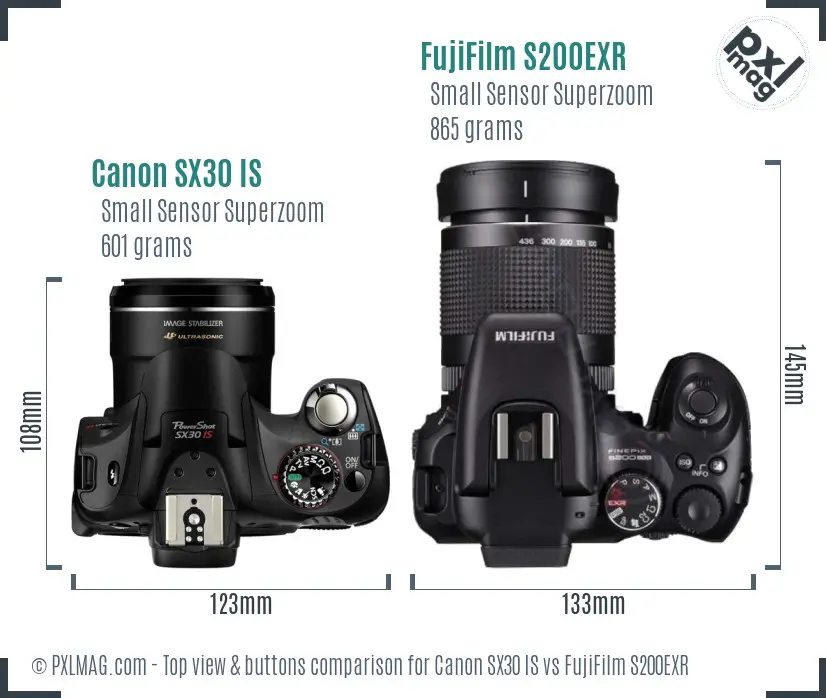 Canon SX30 IS vs FujiFilm S200EXR top view buttons comparison