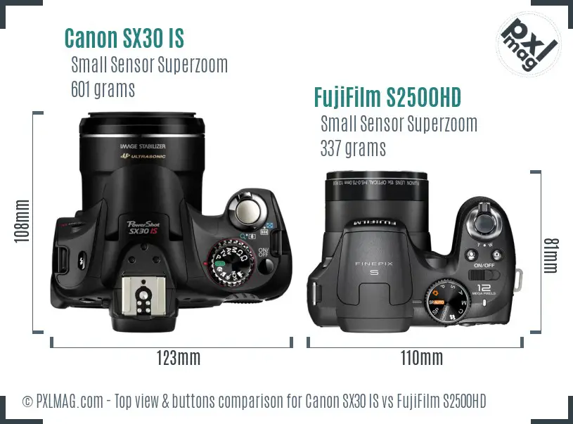 Canon SX30 IS vs FujiFilm S2500HD top view buttons comparison