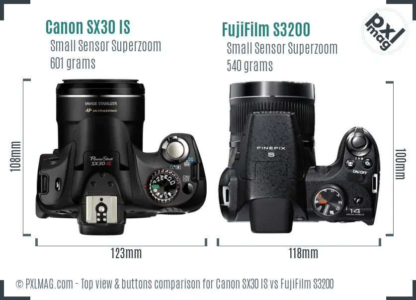 Canon SX30 IS vs FujiFilm S3200 top view buttons comparison