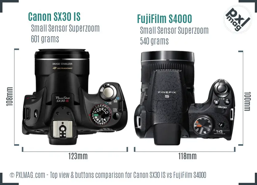 Canon SX30 IS vs FujiFilm S4000 top view buttons comparison