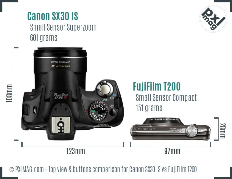 Canon SX30 IS vs FujiFilm T200 top view buttons comparison