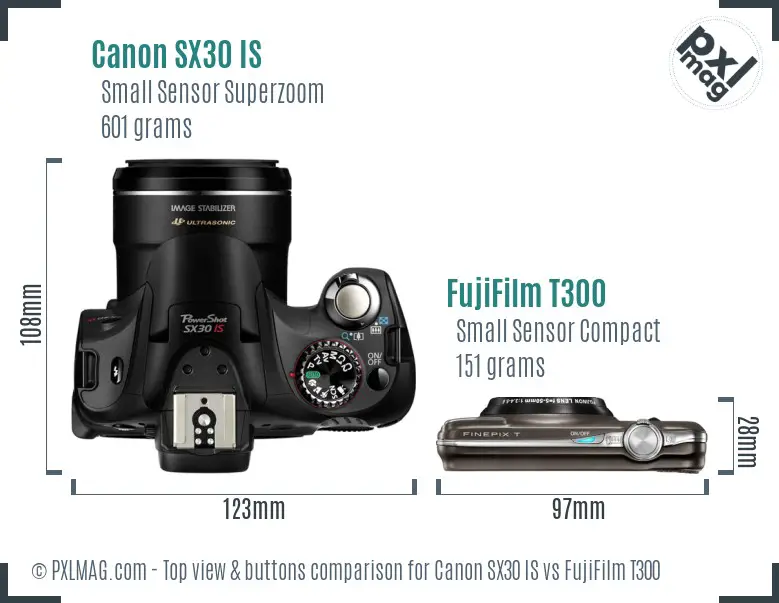 Canon SX30 IS vs FujiFilm T300 top view buttons comparison