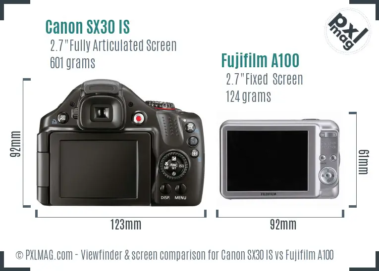 Canon SX30 IS vs Fujifilm A100 Screen and Viewfinder comparison