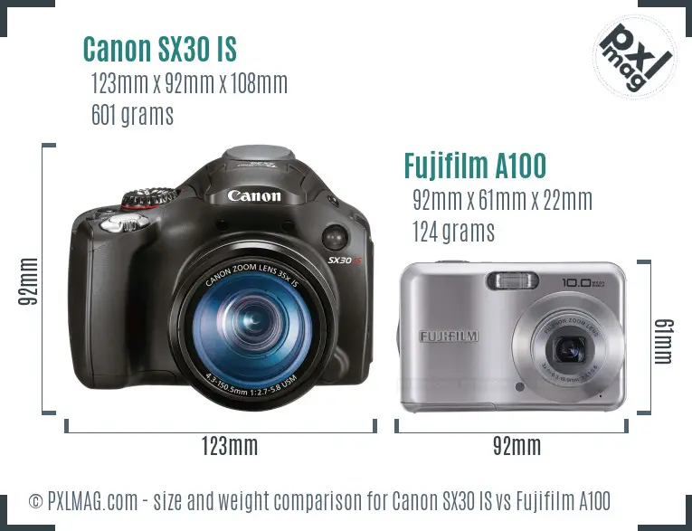 Canon SX30 IS vs Fujifilm A100 size comparison