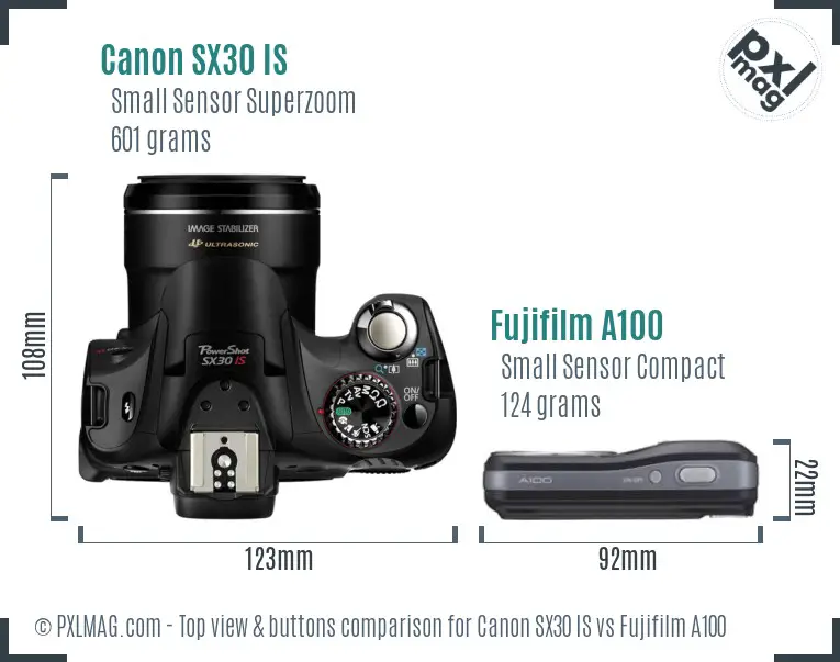 Canon SX30 IS vs Fujifilm A100 top view buttons comparison