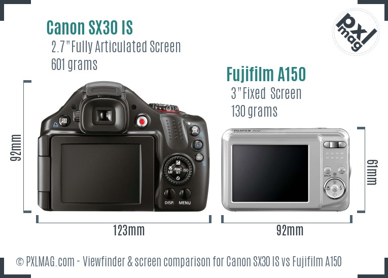 Canon SX30 IS vs Fujifilm A150 Screen and Viewfinder comparison