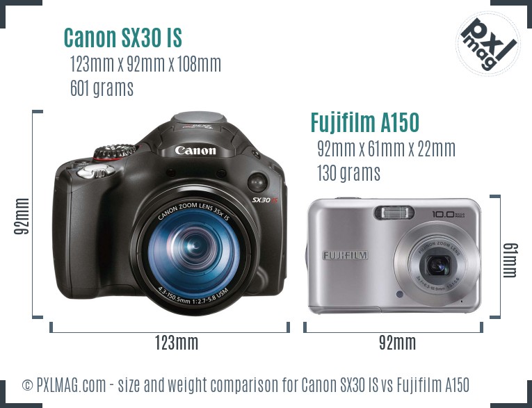 Canon SX30 IS vs Fujifilm A150 size comparison
