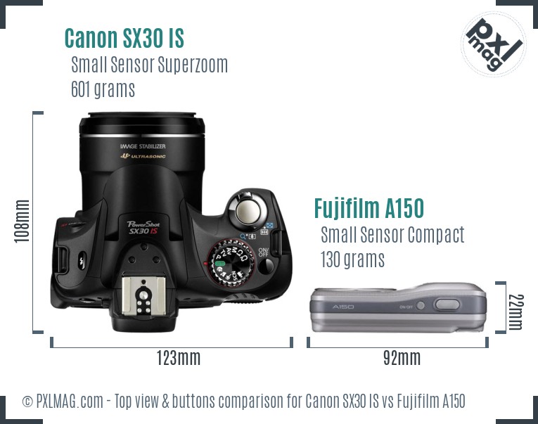 Canon SX30 IS vs Fujifilm A150 top view buttons comparison