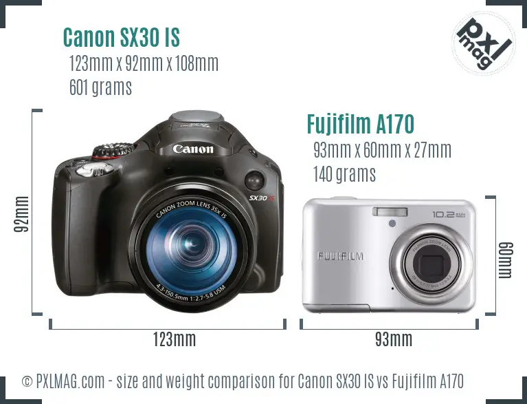 Canon SX30 IS vs Fujifilm A170 size comparison