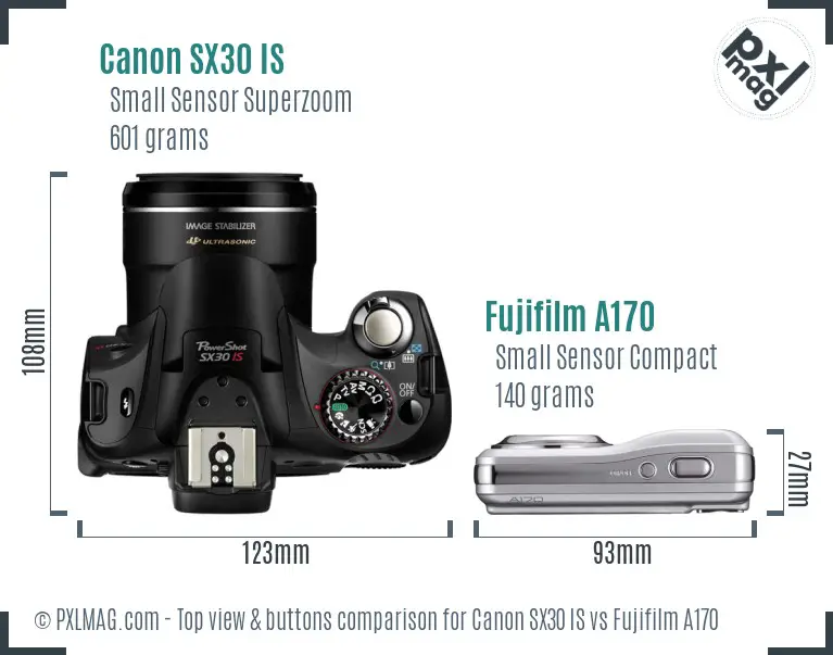 Canon SX30 IS vs Fujifilm A170 top view buttons comparison