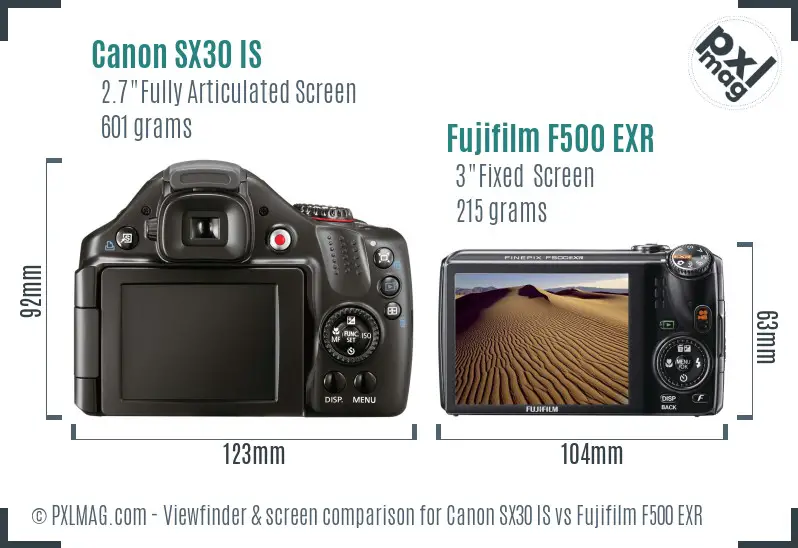 Canon SX30 IS vs Fujifilm F500 EXR Screen and Viewfinder comparison