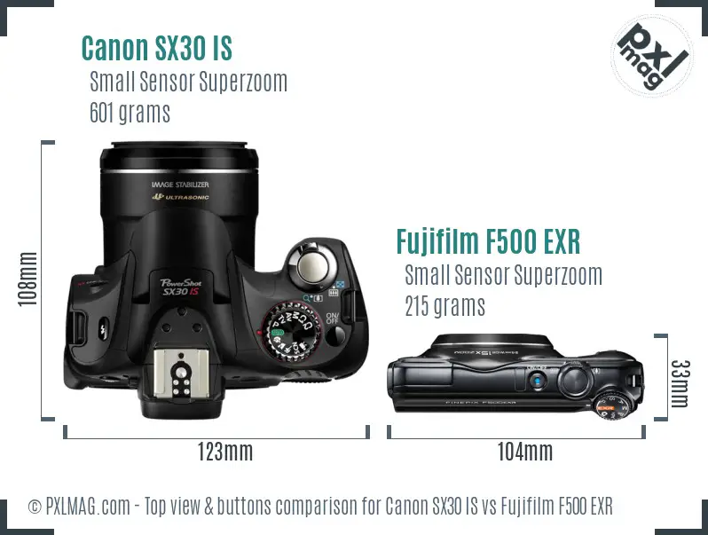 Canon SX30 IS vs Fujifilm F500 EXR top view buttons comparison