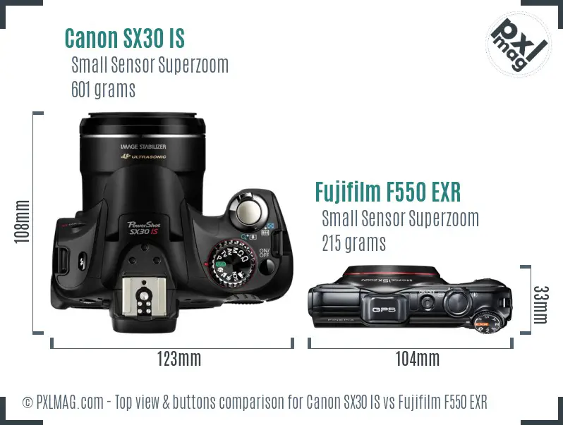 Canon SX30 IS vs Fujifilm F550 EXR top view buttons comparison Canon SX30 IS vs Fujifilm F550 EXR top view buttons comparison