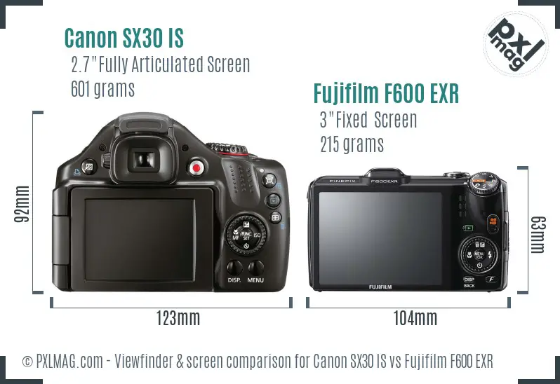 Canon SX30 IS vs Fujifilm F600 EXR Screen and Viewfinder comparison
