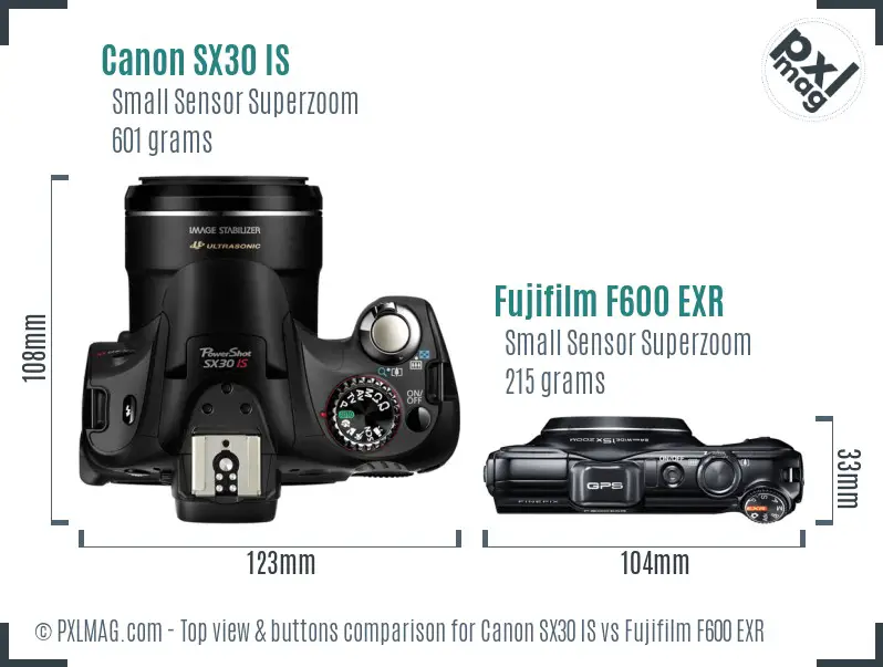 Canon SX30 IS vs Fujifilm F600 EXR top view buttons comparison