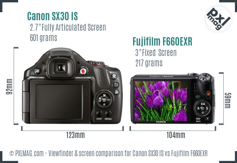 Canon SX30 IS vs Fujifilm F660EXR Screen and Viewfinder comparison