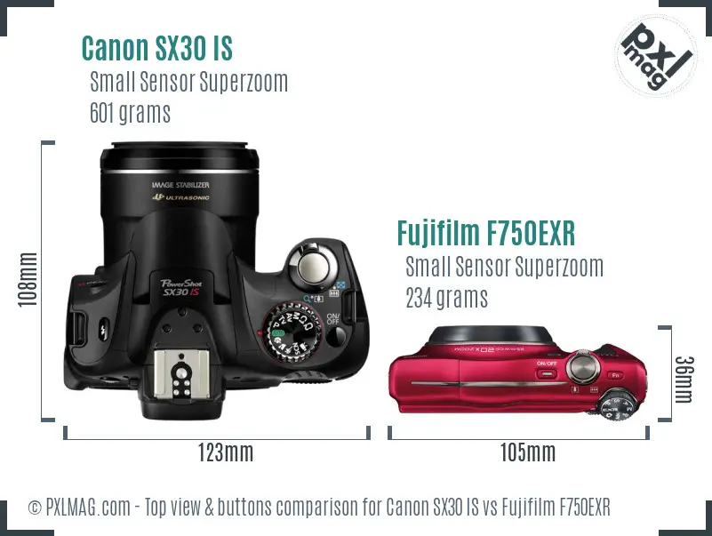 Canon SX30 IS vs Fujifilm F750EXR top view buttons comparison