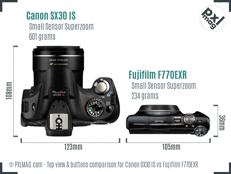 Canon SX30 IS vs Fujifilm F770EXR top view buttons comparison